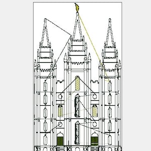 May include: A detailed line drawing of a large, white building with a tall spire. The building has multiple windows and a complex design. The drawing is in black and white with a gold accent on the spire.