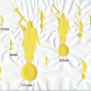 May include: A set of 10 yellow embroidered angels with trumpets, ranging in size from 1 inch to 5 inches. The largest angel is 5 inches with puff embroidery.