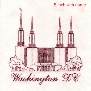 May include: A 5 inch embroidered design of the Washington D.C. Temple with the text "Washington D.C." below the image.