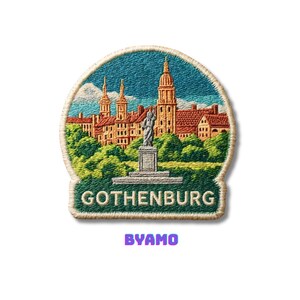 以下が含まれることがあります： スウェーデンのヨーテボリを描いた刺繍パッチ。建物、像、そして「GOTHENBURG」と「BYAMO」の文字がデザインされています。パッチは緑色の縁取りと青い空の背景を持っています。