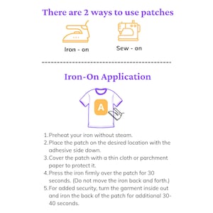 Puede incluir: Un gr&aacute;fico instructivo titulado There are 2 ways to use patches, que muestra iconos para m&eacute;todos de planchado y costura. Debajo, una secci&oacute;n Iron-On Application presenta una ilustraci&oacute;n de una camiseta y cinco pasos numerados.
