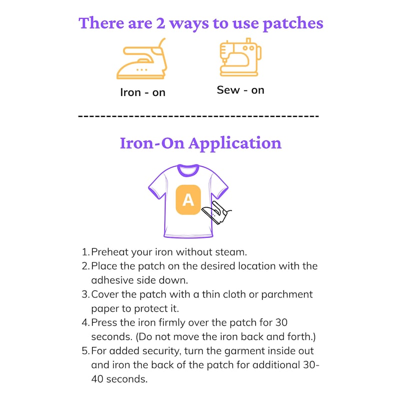 Puede incluir: Un gr&aacute;fico instructivo titulado There are 2 ways to use patches, que muestra iconos para m&eacute;todos de planchado y costura. Debajo, una secci&oacute;n Iron-On Application presenta una ilustraci&oacute;n de una camiseta y cinco pasos numerados.
