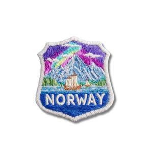 Embroidered Norway Travel Patch: Viking Ship, Mountains, Aurora (Iron-On)