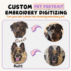 May include: Two images of dogs, one a Rottweiler and one a German Shepherd, are shown next to their embroidered versions. The embroidered images are in a cartoon style and have the names "Goose" and "Betty" written below them.