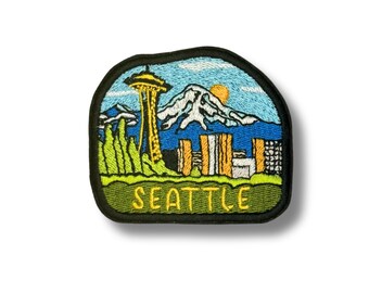 Parche bordado del horizonte de Seattle: Viajes por EE. UU. - Detalle de un monumento emblemático - Recuerdo de viaje