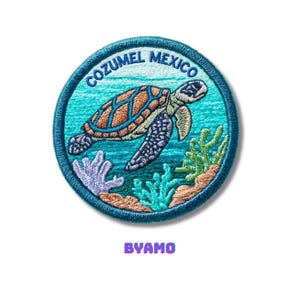 May include: Embroidered patch featuring a sea turtle swimming in turquoise water, surrounded by coral and seaweed. The patch is circular with the words "COZUMEL MEXICO" in a curved design. The word "BYAMO" is at the bottom.