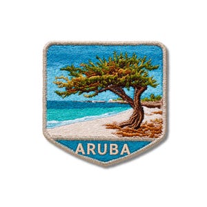 May include: A square-shaped embroidered patch with rounded corners featuring a landscape of a divi-divi tree on a white sandy beach next to a turquoise ocean under a blue sky. The word ARUBA is stitched in white capital letters at the bottom.