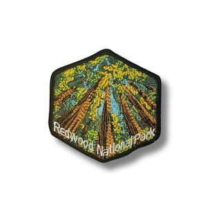 May include: Embroidered patch featuring a view of redwood trees from below, with a blue sky peeking through the canopy. The patch is hexagonal with a black border and the text "Redwood National Park" in white.