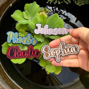 Pode incluir: Patches bordados com nomes em rosa, azul, vermelho e castanho, com bordas brancas e pretas. Os nomes "Phoebe", "Charlie", "Sophia" e "Johnson" são exibidos. Os patches são colocados em plantas aquáticas verdes.
