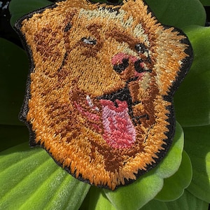 Peut inclure: Patch brodé représentant la tête d'un golden retriever avec la langue tirée. Le chien a un nez brun et noir et des yeux bruns.