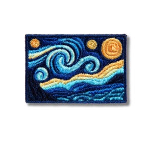 May include: A rectangular embroidered patch featuring a swirling night sky design. The artwork displays deep blue tones with prominent golden yellow circular shapes representing stars and a moon, alongside light blue and white stitched wave patterns.