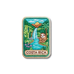 May include: A rectangular embroidered patch featuring a tropical scene with a waterfall, green foliage, a palm tree, and a brown sloth. The text COSTA RICA is embroidered in brown letters on a light tan background at the bottom of the patch.