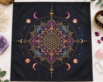 Mandala Altar Cloth 22x22 Sacred Geometry Tarot Cloth Moon Phase Spiritual Decor