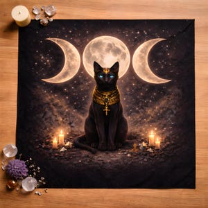 Bastet Triple Moon altar cloth with black Egyptian cat and golden ankh symbol