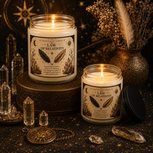 May include: Two clear glass jar candles with white wax and lit wicks. The labels feature the text Law of Relativity, illustrations of two feathers, crystals, and celestial symbols. The candles are surrounded by clear quartz crystals and a gold sun pendant.