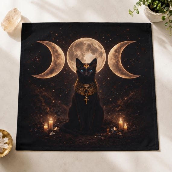 Bastet Triple Moon Altar Cloth – Sacred Egyptian Cat Tarot Mat for Moon Rituals
