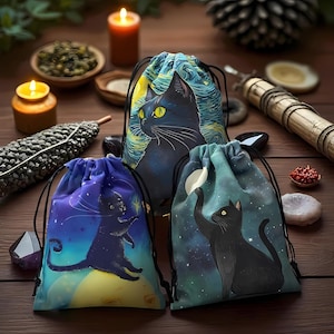 Black Cat Tarot Bag: Velvet Drawstring Pouch for Cards, Crystals