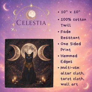 10 x 10 inch square cloth showcasing a black cat wearing Egyptian-inspired gold jewelry, centered against a star-filled night sky with three golden moon phases.