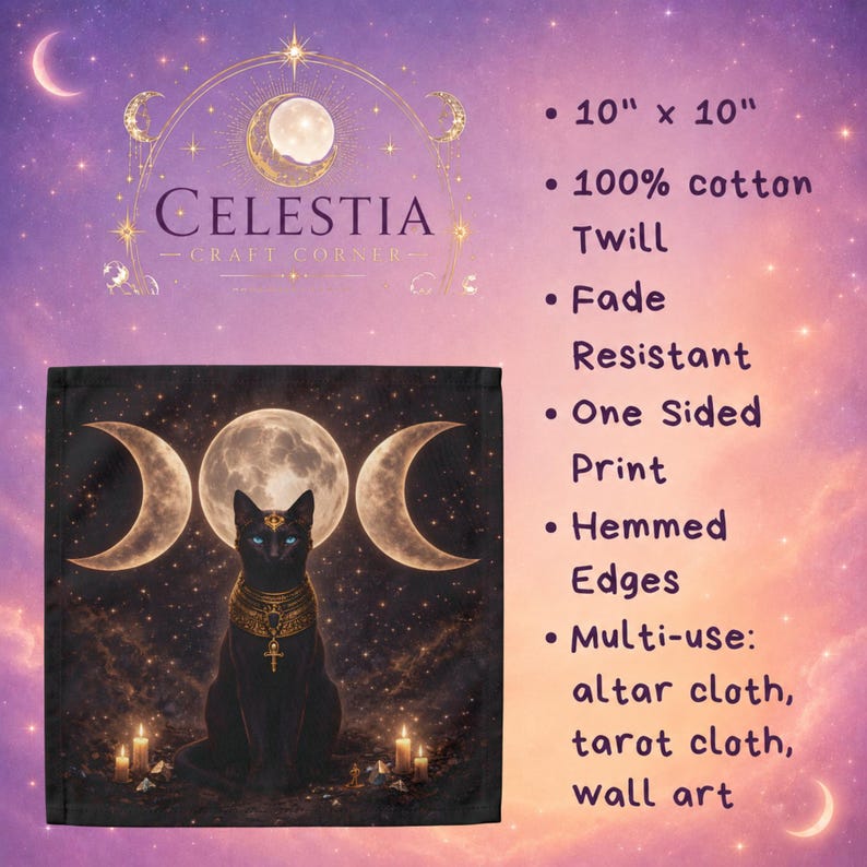 10 x 10 inch square cloth showcasing a black cat wearing Egyptian-inspired gold jewelry, centered against a star-filled night sky with three golden moon phases.