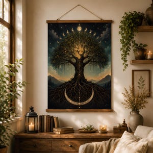 May include: A vertical wall hanging featuring a dark illustration of a large tree with expansive roots and a glowing moon. The artwork displays a celestial theme with a crescent moon at the base and a lunar cycle across the top, framed by wood.