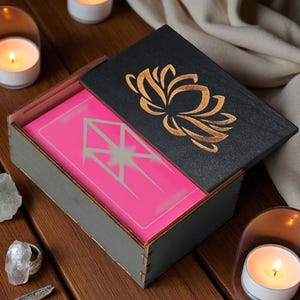 Engraved Wood Tarot Card Box: Lotus, Tree of Life, Metatron