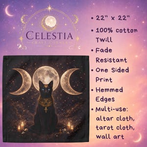 22 x 22 inch cotton altar cloth featuring a black cat with blue eyes and an ornate gold collar beneath a full moon, flanked by two crescent moons and surrounded by stars.