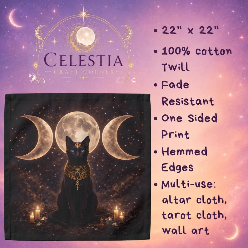 22 x 22 inch cotton altar cloth featuring a black cat with blue eyes and an ornate gold collar beneath a full moon, flanked by two crescent moons and surrounded by stars.