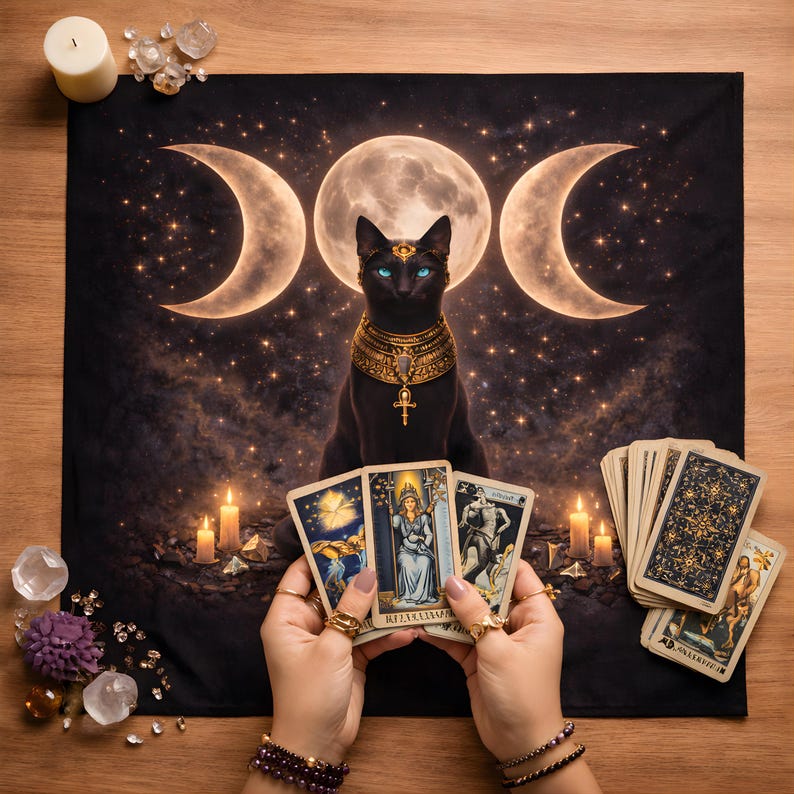 Bastet goddess cotton tarot mat for Wiccan and pagan altar décor