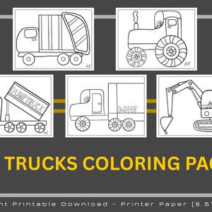 Big Trucks Coloring Pages~Construction Truck Coloring~Coloring Page for Kids~Hand Drawn Coloring Page~Instant Download~Kids Truck Activities