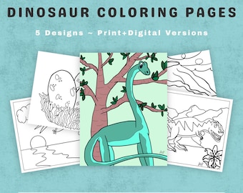 Dibujos para colorear de dinosaurios ~ Arte de dinosaurios dibujado a mano para niños ~ 5 diseños imprimibles ~ Descarga digital en PDF ~ Libro para colorear para niños y niñas ~ Descarga instantánea