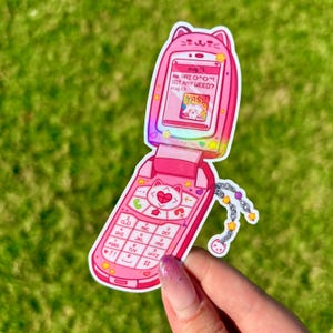 Pink Flip Phone Sticker | Y2K Aesthetic Holographic Sticker