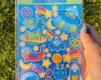 Meowlien Sticker Sheet | 4x6 Alien Cat Deco Stickers