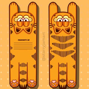 Puede incluir: Marcapáginas naranja de Garfield con el texto "GARFIELD BOOKMARK" en la parte superior. La parte delantera del marcapáginas tiene un espacio para la información del propietario. La parte posterior tiene un diseño a rayas. Ilustración de dibujos animados.