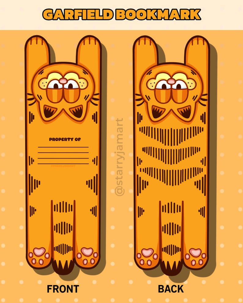 May include: Orange Garfield bookmark with the text "GARFIELD BOOKMARK" at the top. The front of the bookmark has a space for the owner's information. The back of the bookmark has a striped design. The bookmark is a cartoon illustration.