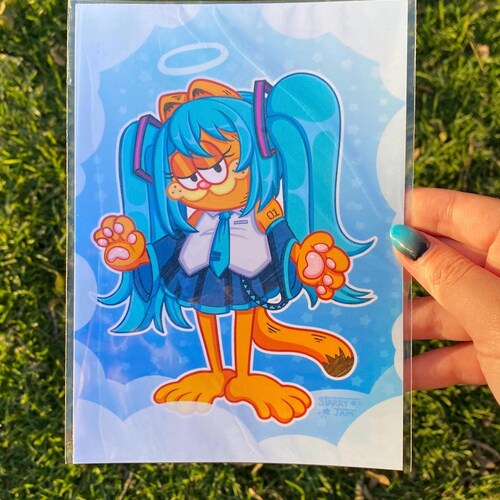 Hatsune Miku Fat Orange Cat Parody Fanart | 5 x 7 Print | Holographic Cartoon Illustration