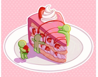 May include: Three small green figures climb a pink and white layered cake with whipped cream and strawberries. The cake is on a white plate.