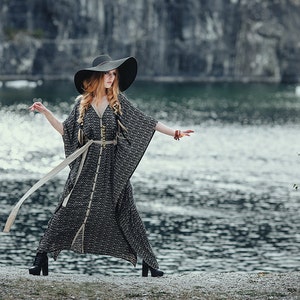 ORACLE GYPSY DRESS - Bohemian Hippie Maxi Elegant Prom Wedding Burning man Maternity Plus size Ethnic Geometric Leaf - Black white