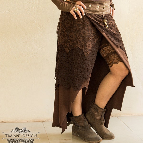 LONG PIXE SKIRT - Faery fairy Tribal Hippie Boho Burning Man Organic Costume Bohemian Elf Fantasy Gypsy Witch Goa - Chocolate Brown