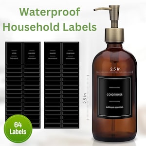 64 Waterproof Soap & Spray Labels for Plastic/Glass Bottles, Kitchen/Bathroom Dispenser Labels Removable Cleaning Stickers (Black)