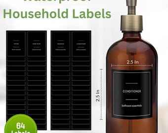 64 Waterproof Soap & Spray Labels for Plastic/Glass Bottles, Kitchen/Bathroom Dispenser Labels Removable Cleaning Stickers (Black)
