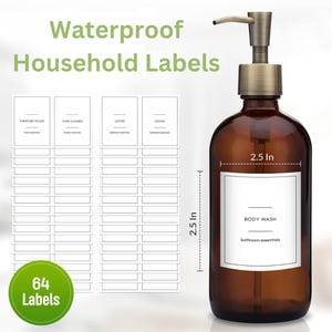 64 Waterproof Soap & Spray Labels for Plastic/Glass Bottles, Kitchen/Bathroom Dispenser Labels Removable Cleaning Stickers (White)