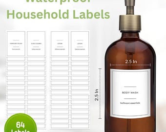 64 Waterproof Soap & Spray Labels for Plastic/Glass Bottles, Kitchen/Bathroom Dispenser Labels Removable Cleaning Stickers (White)