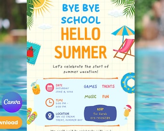 Editable Summer Invitation Template | Kids Pool Party Invite | Last Day of School | Hello Summer Party |Printable 5x7 Card |Instant Download