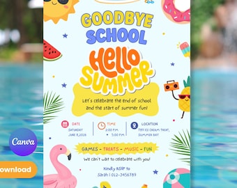 Editable Summer School Invitation Template | Kids Pool Party Invite | Last Day of School | Summer Party| Printable 5x7 Card|Instant Download