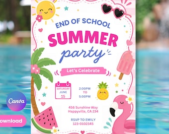 Editable Summer School Pink Invitation Template |Kids Pool Party Invite |Last Day of School|Summer Party|Printable 5x7 Card|Instant Download