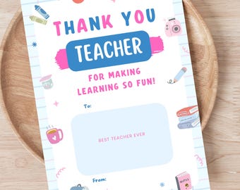 Printable Teacher Gift Card Holder, Teacher Appreciation Card, End of School Gift, Thank You Teacher, 5x7 Instant Download,Thank You card