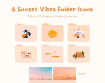 6 Summer Sunset Vibes Folder Icons for Mac & PC, Desktop Organizer (Digital Download), aesthetic icon, icon set , free wallpaper