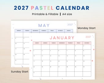 Editable 2027 Year Calendar Pastel,Yearly Planner,Custom 2027 calendar,Cute calendar,Printable Fillable Planner ,Monday Sunday Calendar