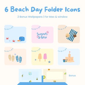 May include: A collection of six beach-themed folder icons with illustrations of crabs, sandcastles, and beach towels. The text "6 Beach Day Folder Icons" and "2 Bonus Wallpapers | For Mac & window" are displayed in blue. Additional text reads "Summer is here".