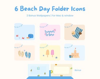 6 Summer Beach Day Folder Icons for Mac & PC, Desktop Organizer (Digital Download), aesthetic icon, summer icon, free wallpaper, beach icon